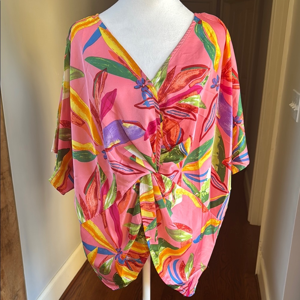 Umgee Peach Pink Tropical Floral Multicolor relaxed fit oversized silky blouse - Picture 2 of 6